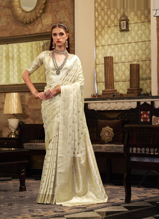 Off White Soft Satin Silk Silver Weaving Traditional Wear Saree