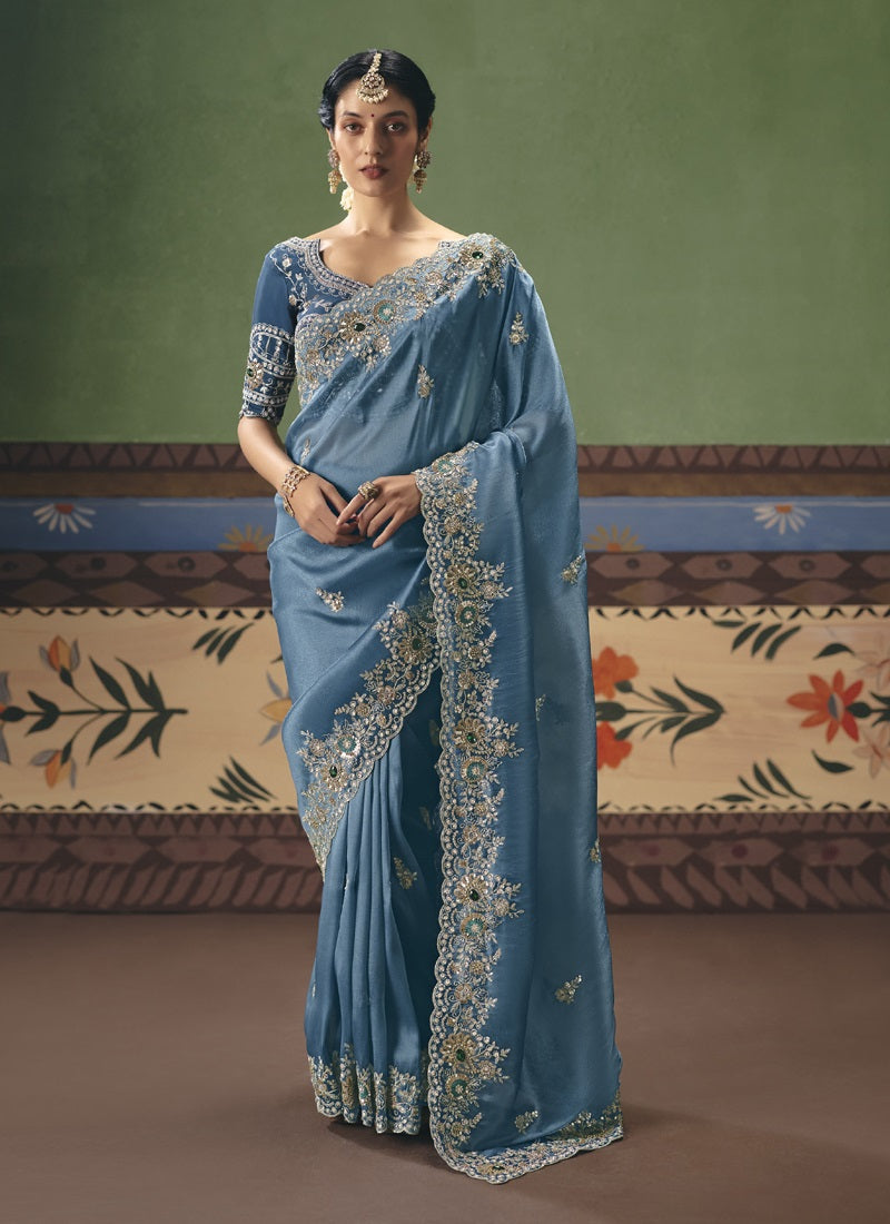 Fancy Fabric With Designer Embroidery, Sequince, Stone, Pearl Work Designer Saree