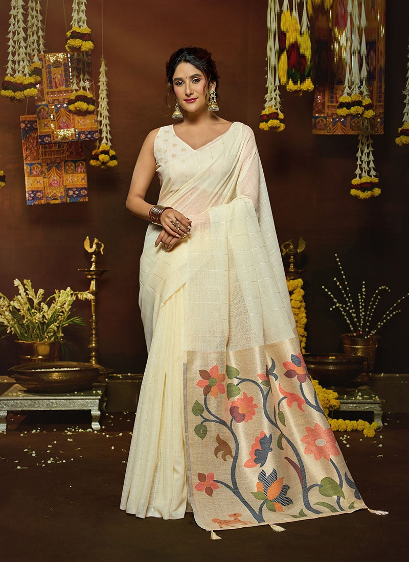 Linen Sequin With Jacquard Pallu & Pom-Pom Casual Wear Saree