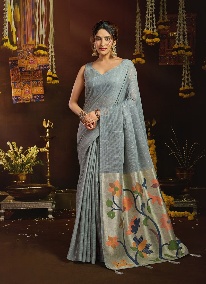 Linen Sequin With Jacquard Pallu & Pom-Pom Casual Wear Saree