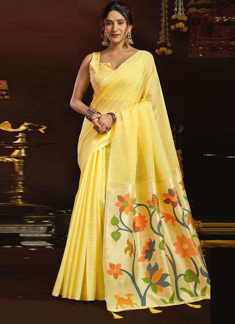 Linen Sequin With Jacquard Pallu & Pom-Pom Casual Wear Saree