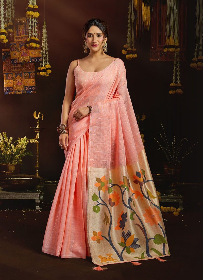 Linen Sequin With Jacquard Pallu & Pom-Pom Casual Wear Saree
