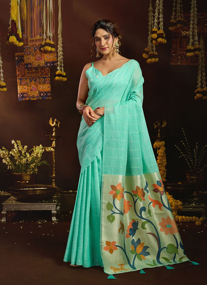 Linen Sequin With Jacquard Pallu & Pom-Pom Casual Wear Saree