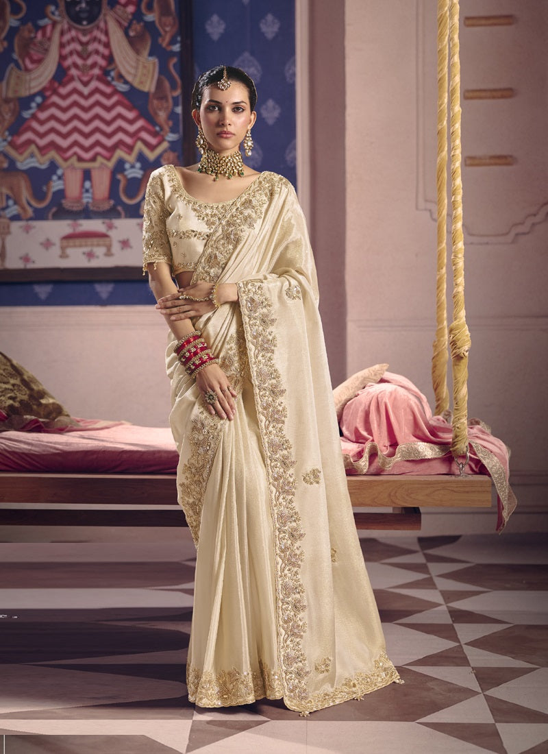 Beautiful Zari Tissue Silk With Heavy Embroidery, Beads Work With Designer Saree