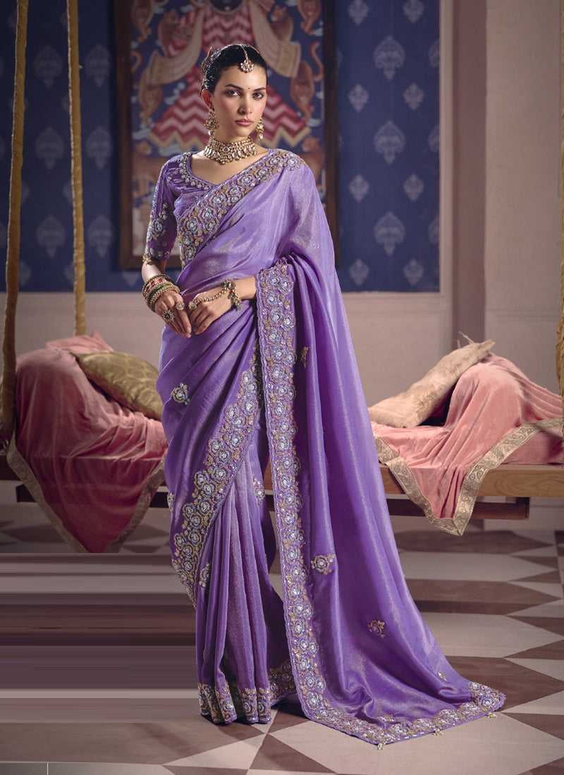 Beautiful Zari Tissue Silk With Heavy Embroidery, Beads Work With Designer Saree