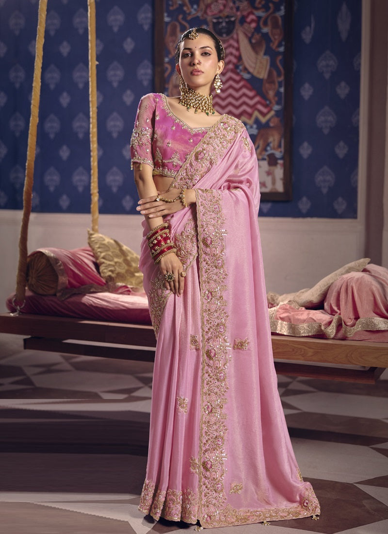 Beautiful Zari Tissue Silk With Heavy Embroidery, Beads Work With Designer Saree