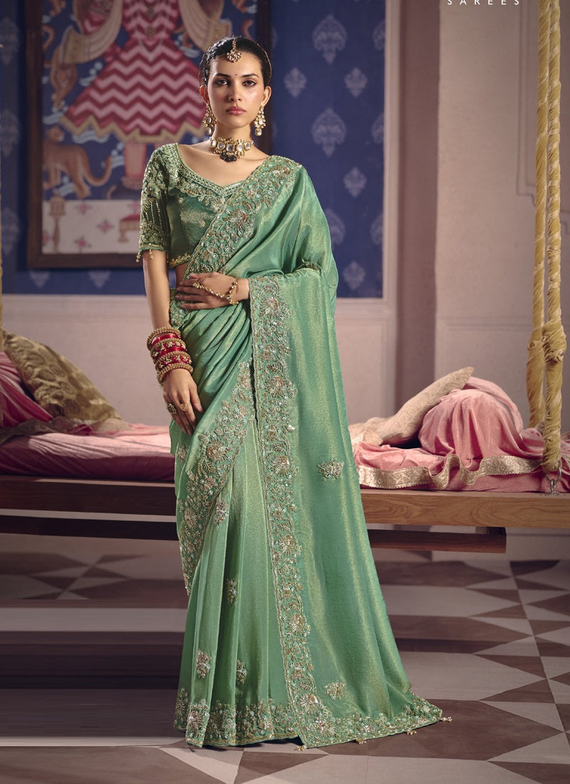 Beautiful Zari Tissue Silk With Heavy Embroidery, Beads Work With Designer Saree