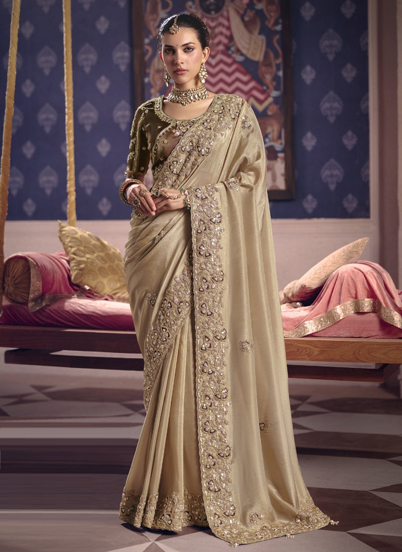 Beautiful Zari Tissue Silk With Heavy Embroidery, Beads Work With Designer Saree