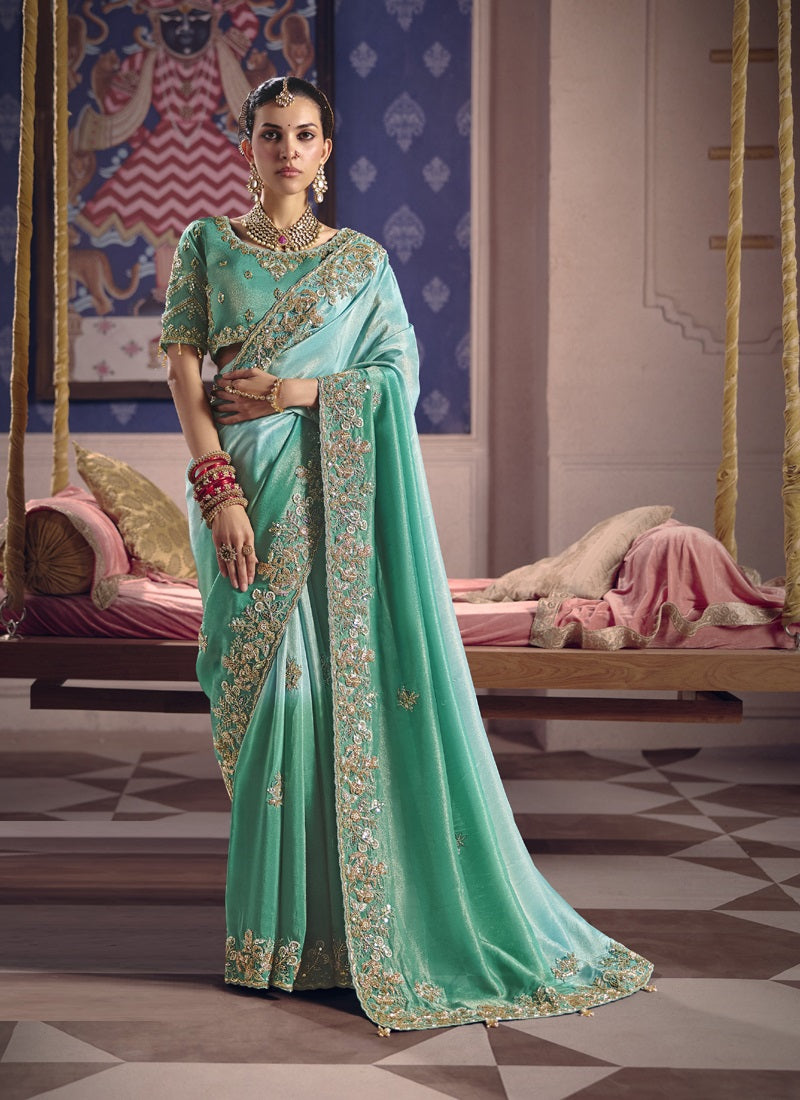 Beautiful Zari Tissue Silk With Heavy Embroidery, Beads Work With Designer Saree