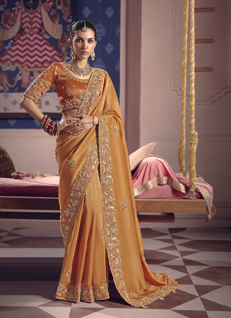 Beautiful Zari Tissue Silk With Heavy Embroidery, Beads Work With Designer Saree