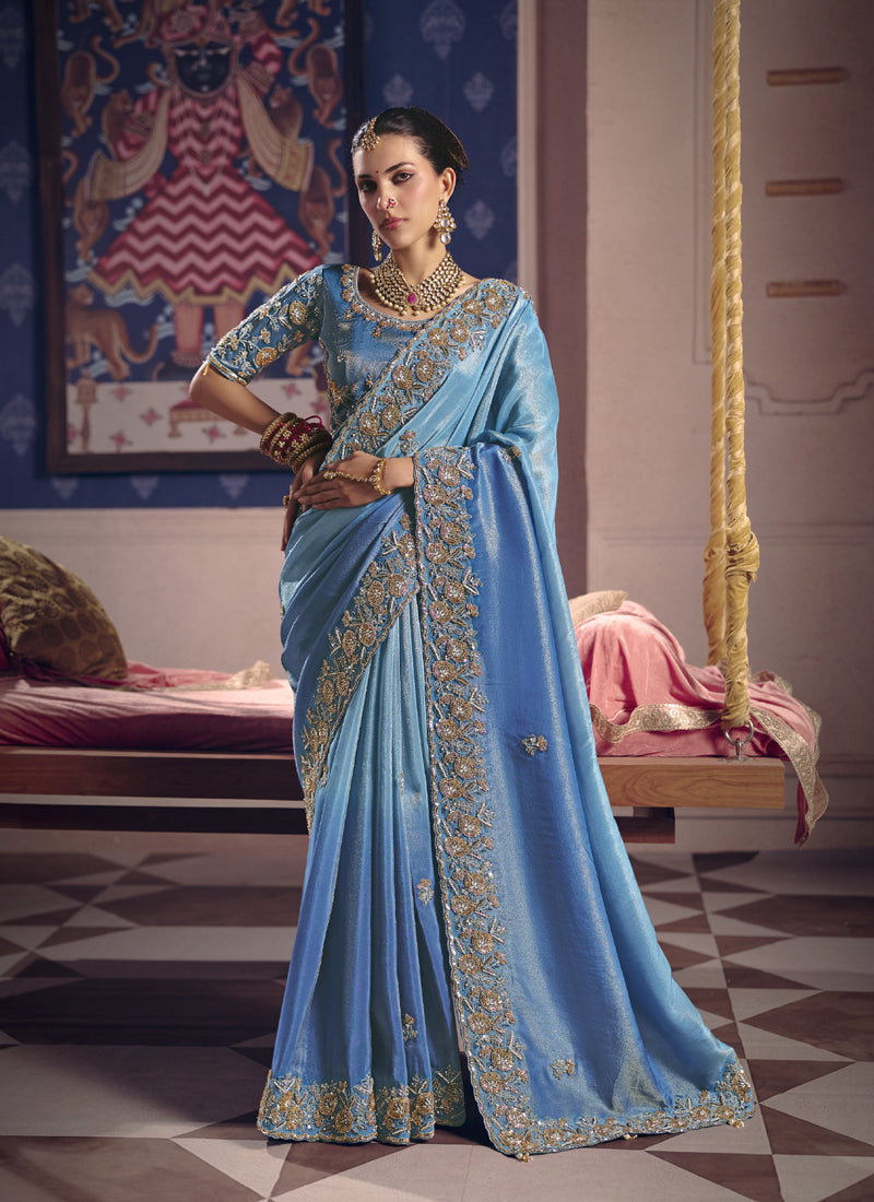 Beautiful Zari Tissue Silk With Heavy Embroidery, Beads Work With Designer Saree