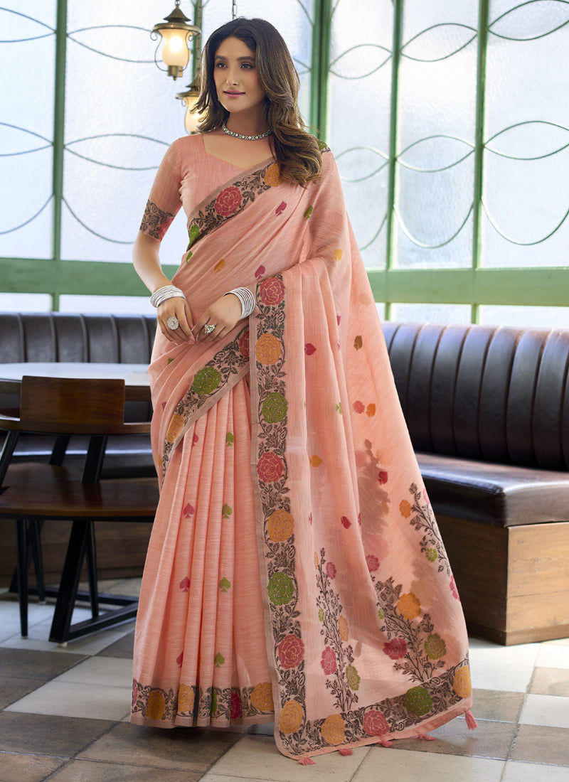 Beautiful Linen Jacquard Handloom Festival Wear Saree