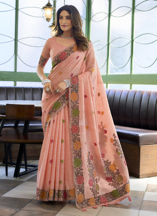 Beautiful Linen Jacquard Handloom Festival Wear Saree