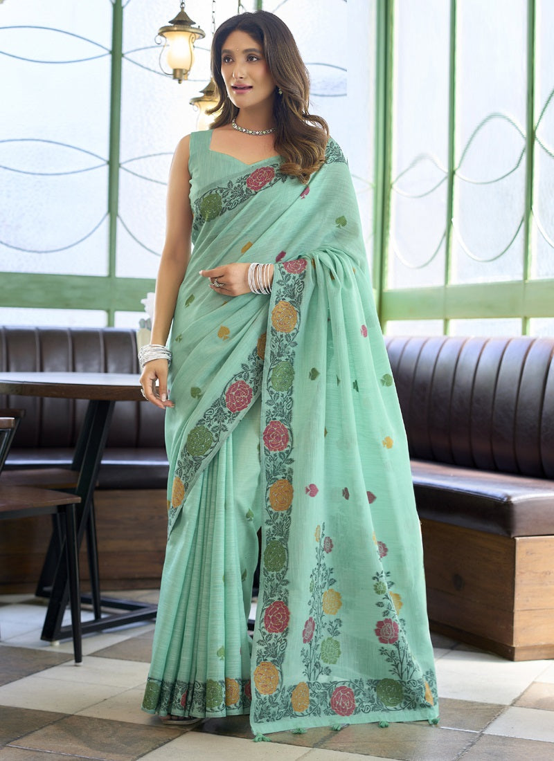 Beautiful Linen Jacquard Handloom Festival Wear Saree