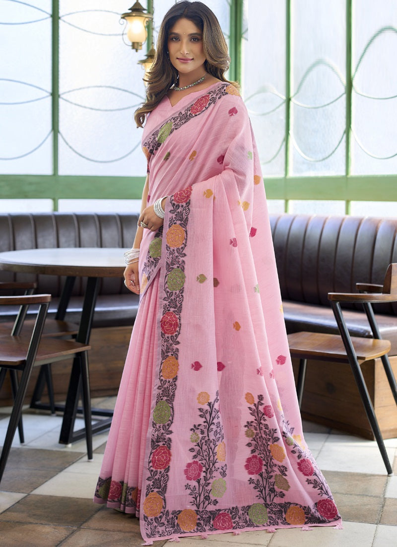 Beautiful Linen Jacquard Handloom Festival Wear Saree