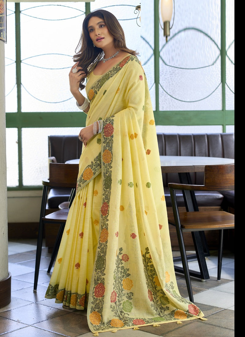 Beautiful Linen Jacquard Handloom Festival Wear Saree