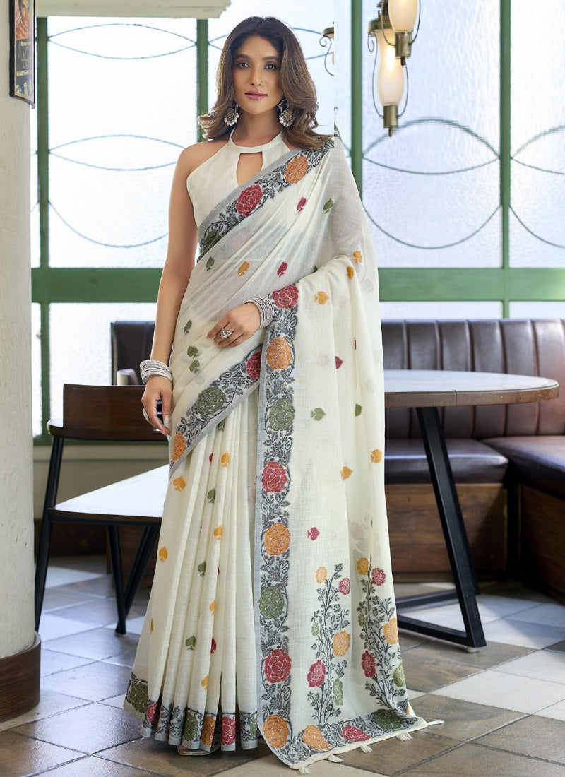 Beautiful Linen Jacquard Handloom Festival Wear Saree