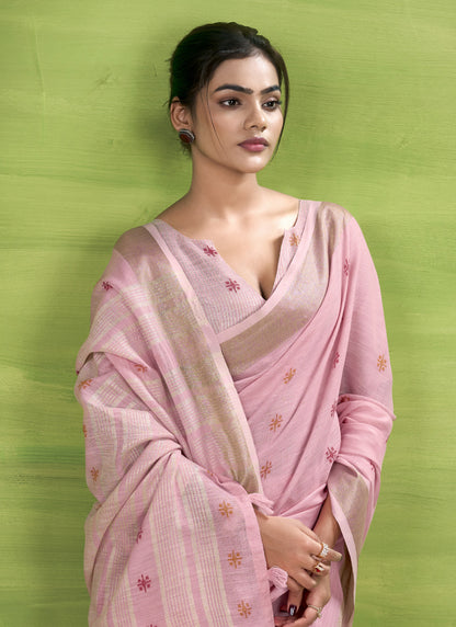 Baby Pink Linen Beautiful Tussle On Pallu Casual Wear Saree