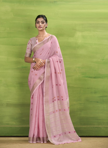 Baby Pink Linen Beautiful Tussle On Pallu Casual Wear Saree