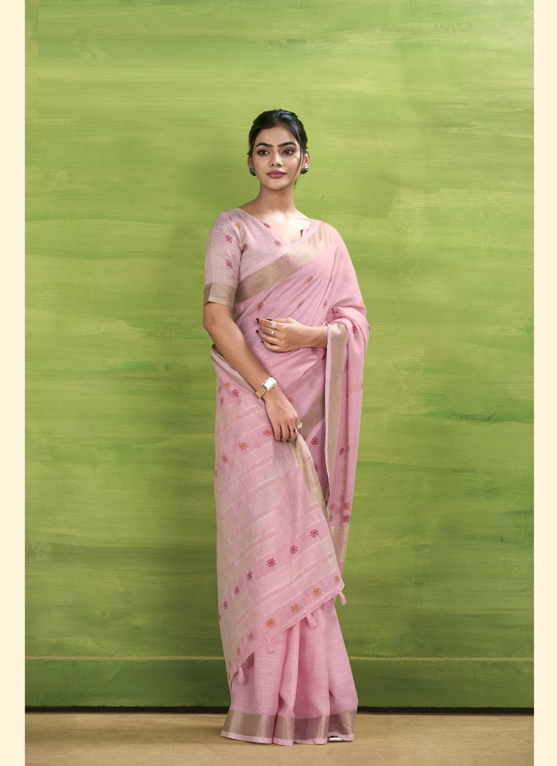 Baby Pink Linen Beautiful Tussle On Pallu Casual Wear Saree