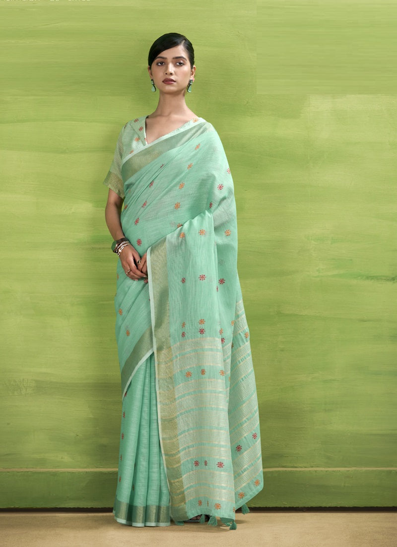 Turquoise  Linen Beautiful Tussle On Pallu Casual Wear Saree