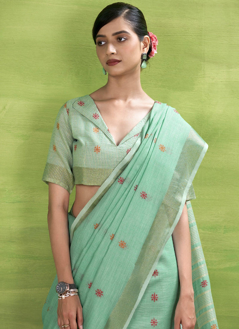 Turquoise  Linen Beautiful Tussle On Pallu Casual Wear Saree