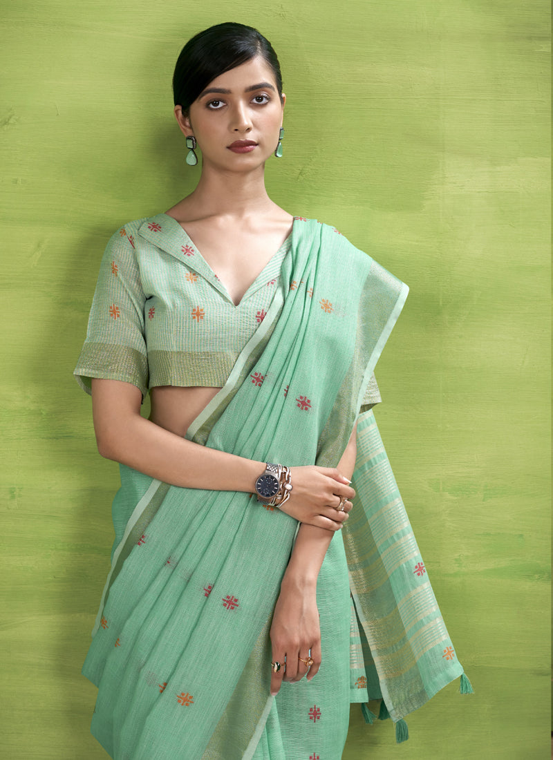 Turquoise  Linen Beautiful Tussle On Pallu Casual Wear Saree