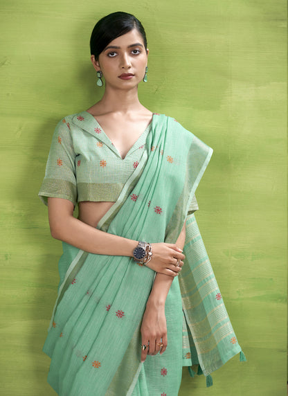 Turquoise  Linen Beautiful Tussle On Pallu Casual Wear Saree