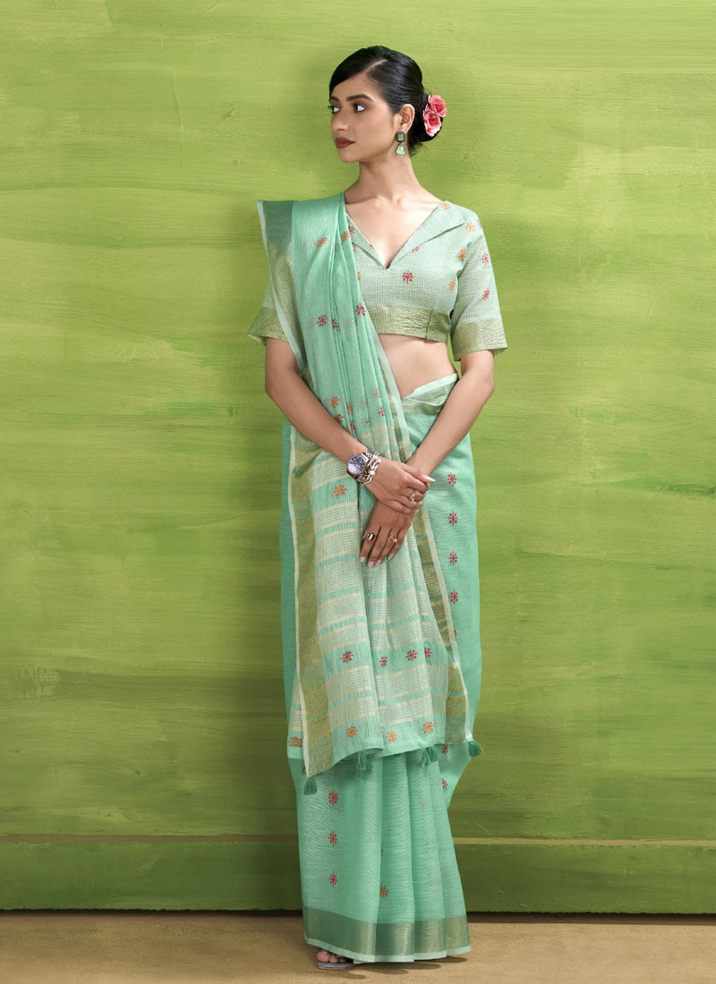 Turquoise  Linen Beautiful Tussle On Pallu Casual Wear Saree