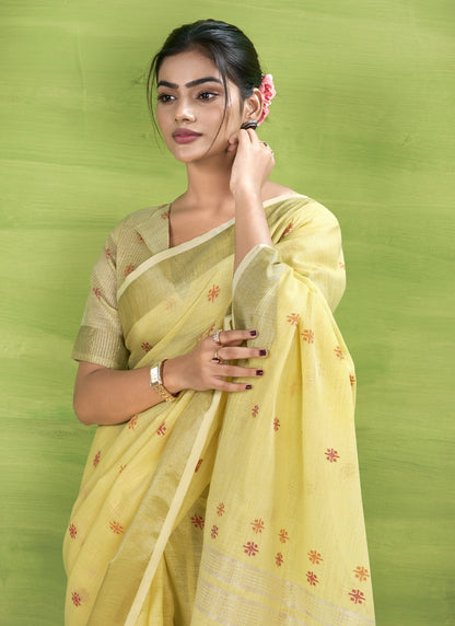 Lemon Linen Beautiful Tussle On Pallu Casual Wear Saree