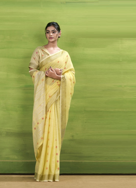 Lemon Linen Beautiful Tussle On Pallu Casual Wear Saree