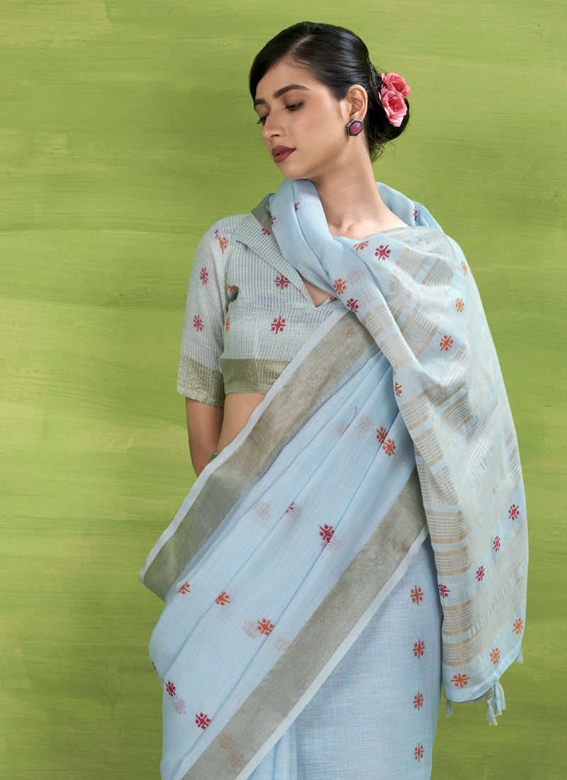 Sky Blue Linen Beautiful Tussle On Pallu Casual Wear Saree