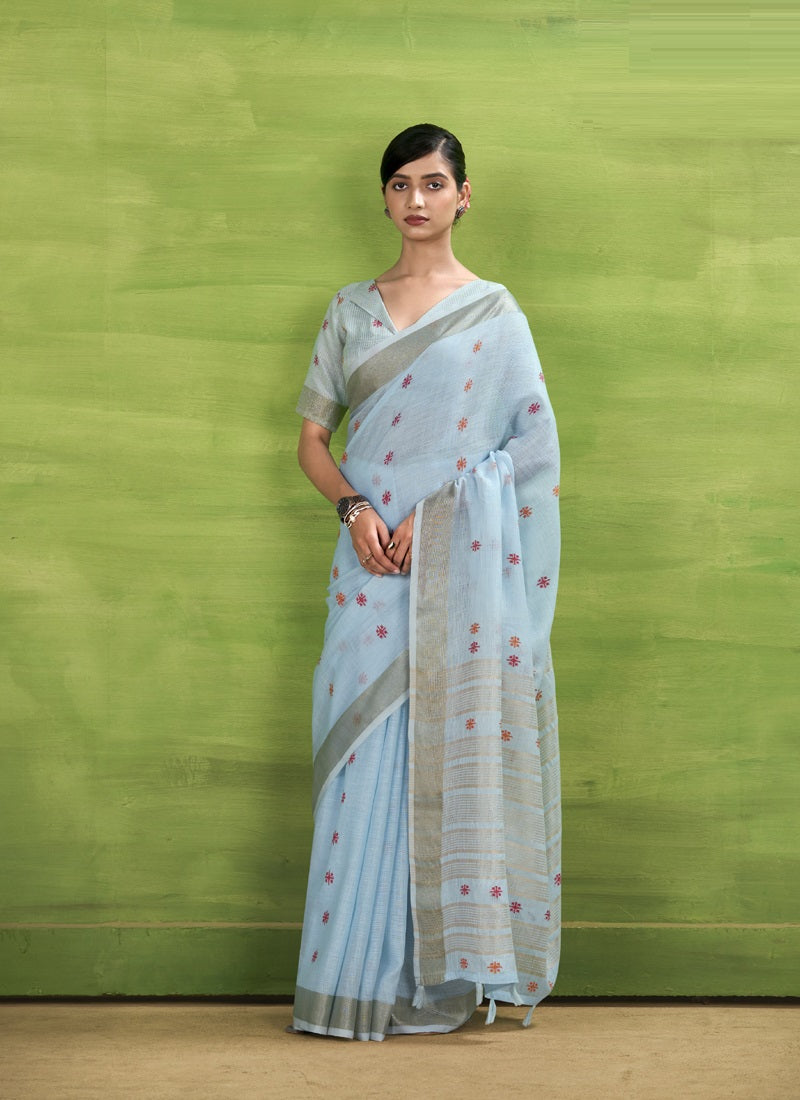Sky Blue Linen Beautiful Tussle On Pallu Casual Wear Saree
