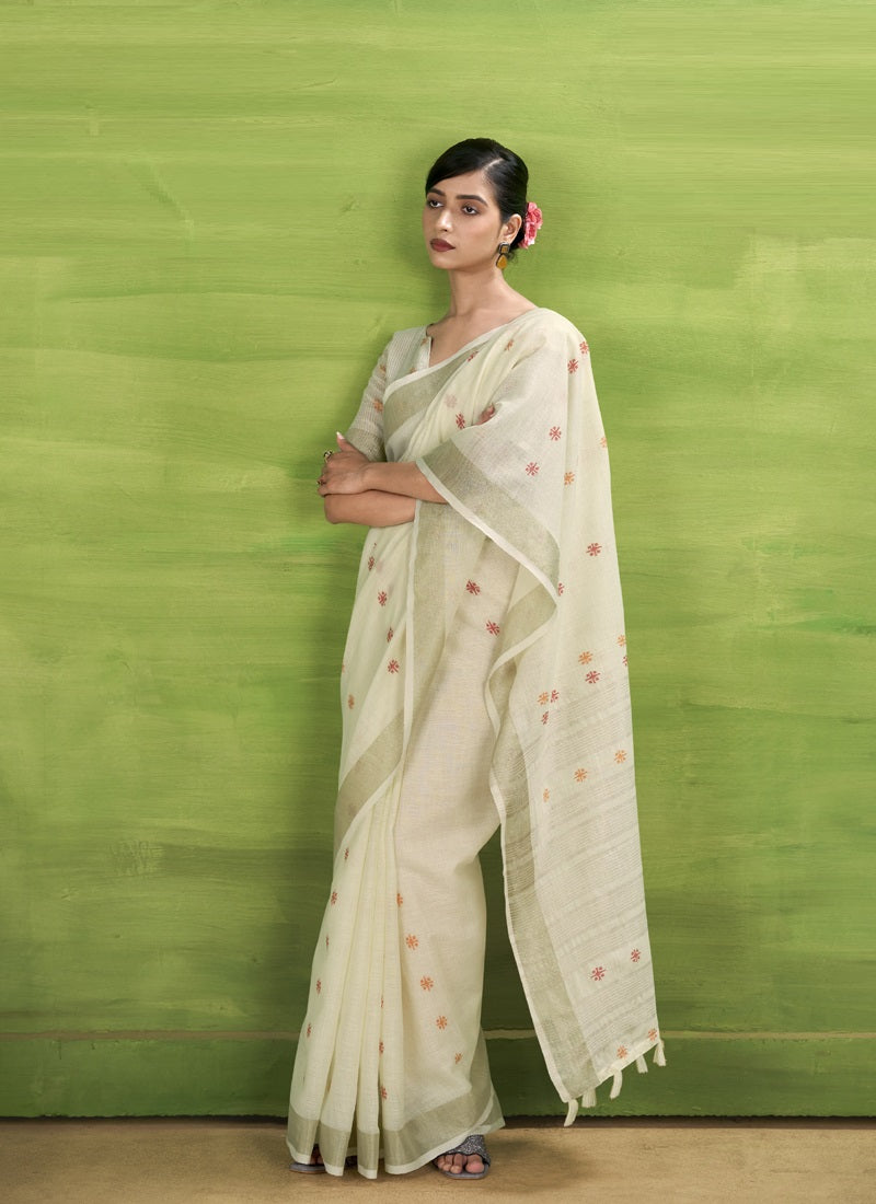 Off-White Linen Beautiful Tussle On Pallu Casual Wear Saree