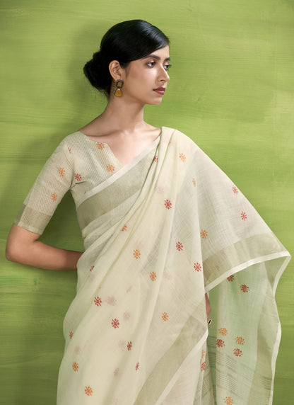 Off-White Linen Beautiful Tussle On Pallu Casual Wear Saree