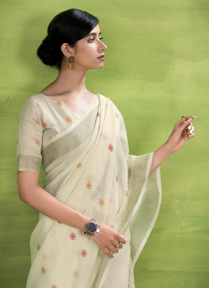 Off-White Linen Beautiful Tussle On Pallu Casual Wear Saree