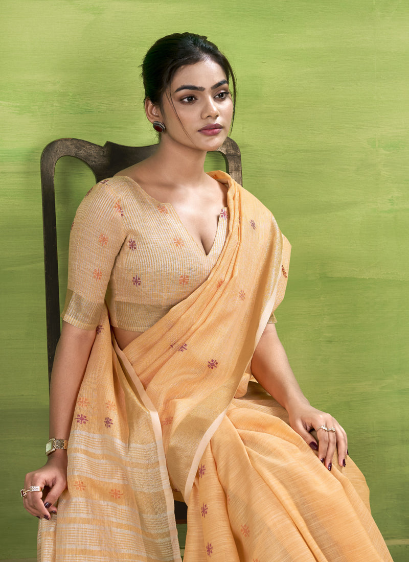 Orange Linen Beautiful Tussle On Pallu Casual Wear Saree