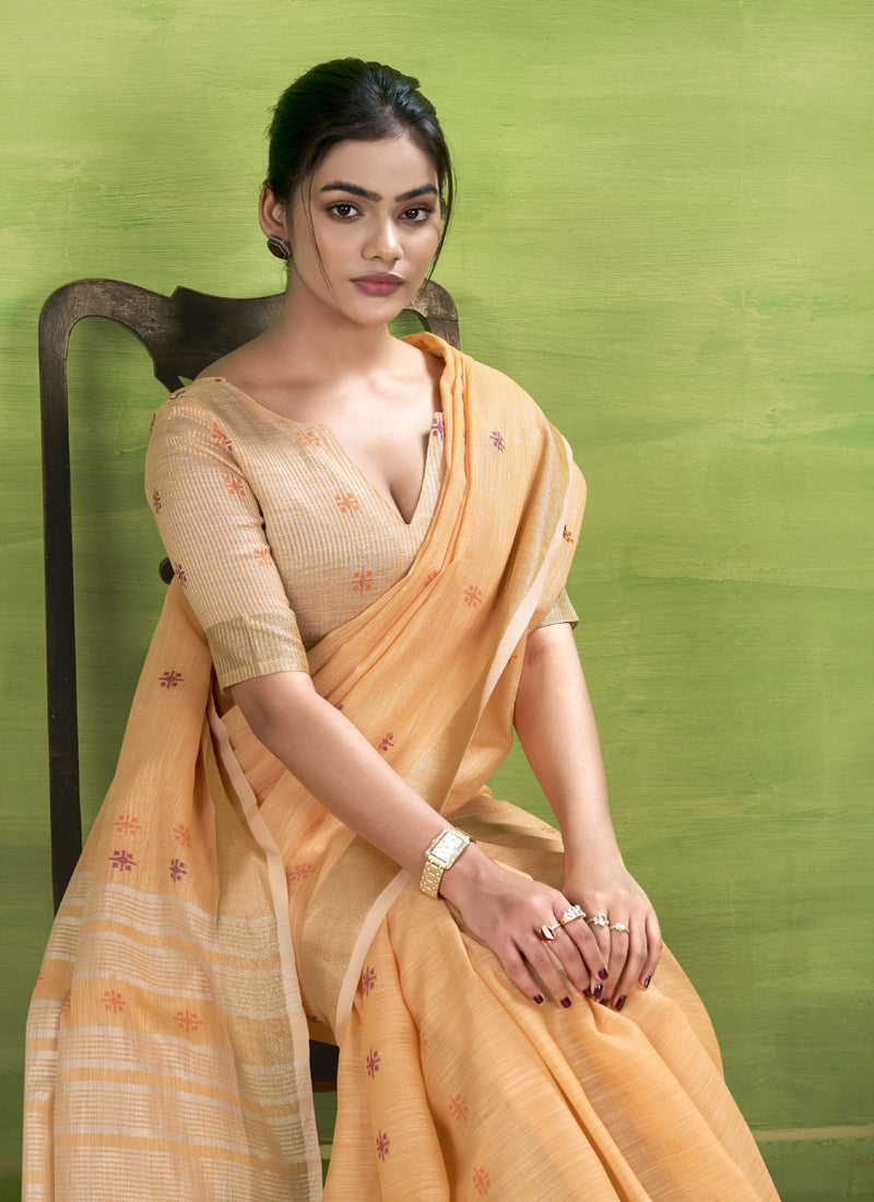 Orange Linen Beautiful Tussle On Pallu Casual Wear Saree