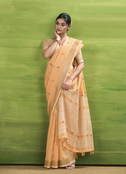 Orange Linen Beautiful Tussle On Pallu Casual Wear Saree