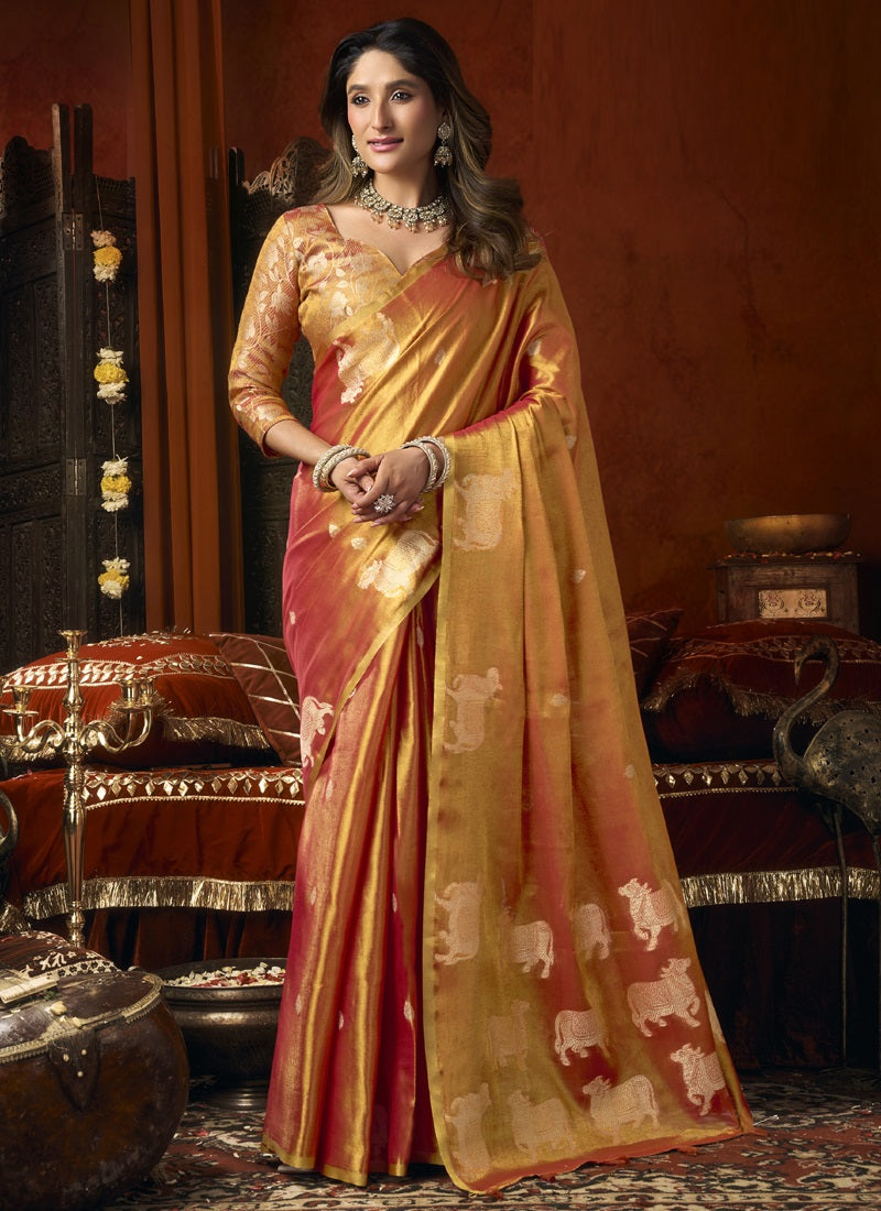 Heavy Tissue with Allover Cow Butta & Fancy Tassels Festival Wear Saree