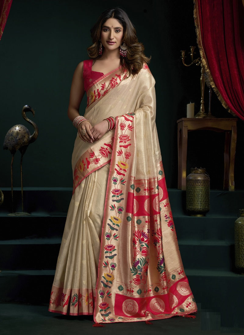 Tissue Paithani Saree Mina With Lotus Zari Border