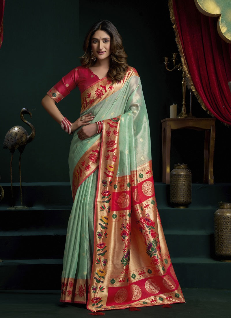 Tissue Paithani Saree Mina With Lotus Zari Border
