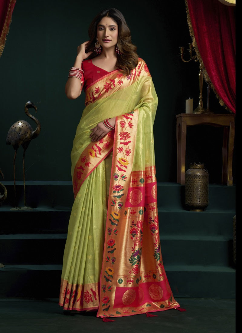 Tissue Paithani Saree Mina With Lotus Zari Border
