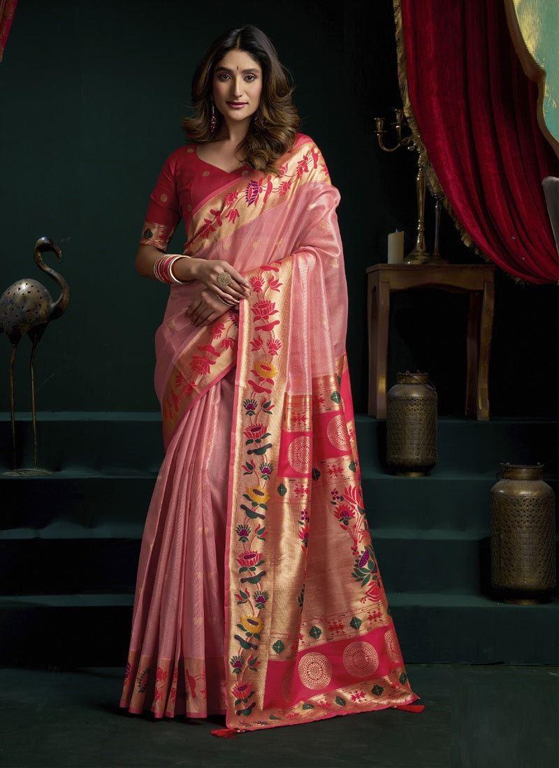 Tissue Paithani Saree Mina With Lotus Zari Border