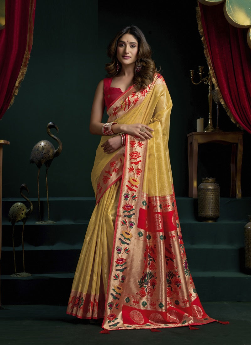Tissue Paithani Saree Mina With Lotus Zari Border