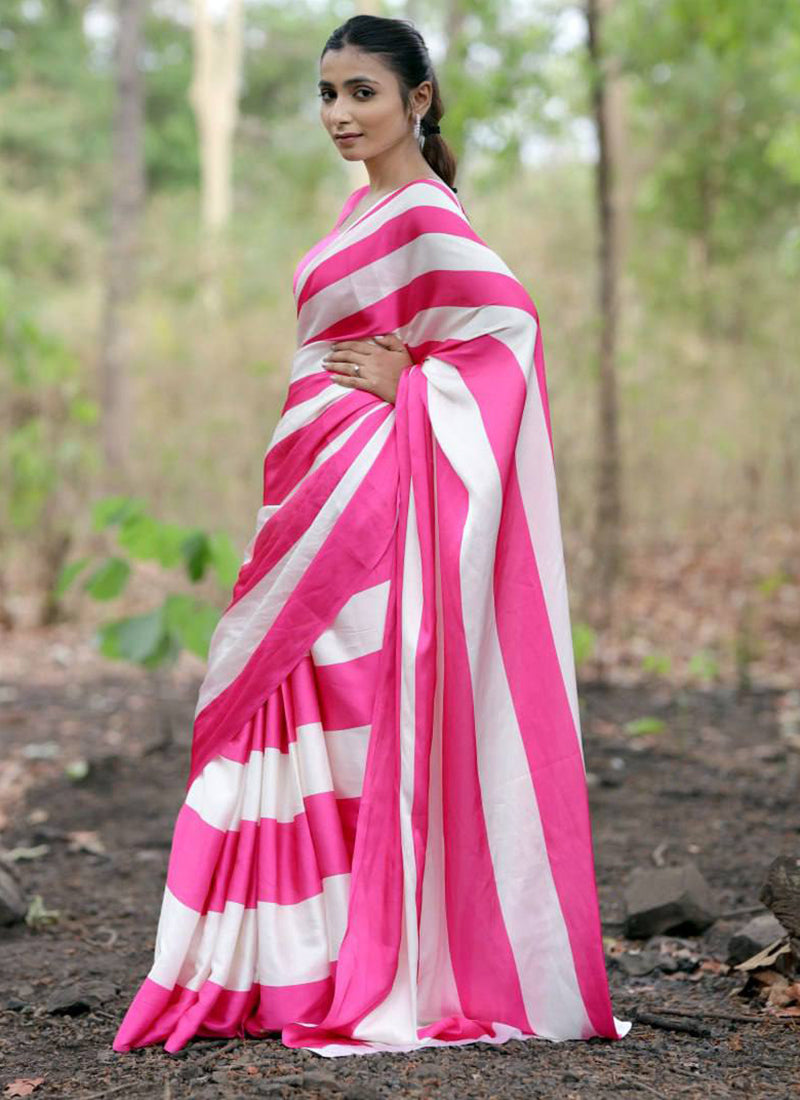 Pink Original Japan Devsena satin Saree Japan Satin Digital Print Blouse