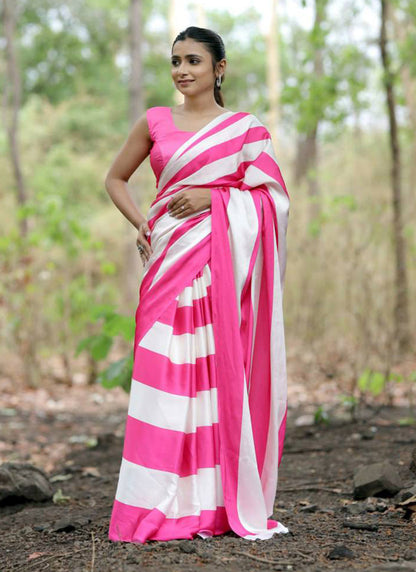 Pink Original Japan Devsena satin Saree Japan Satin Digital Print Blouse