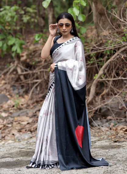 Silver Original Japan Devsena satin Saree Japan Satin Digital Print Blouse