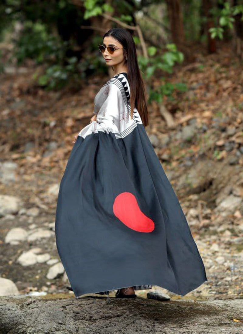 Silver Original Japan Devsena satin Saree Japan Satin Digital Print Blouse