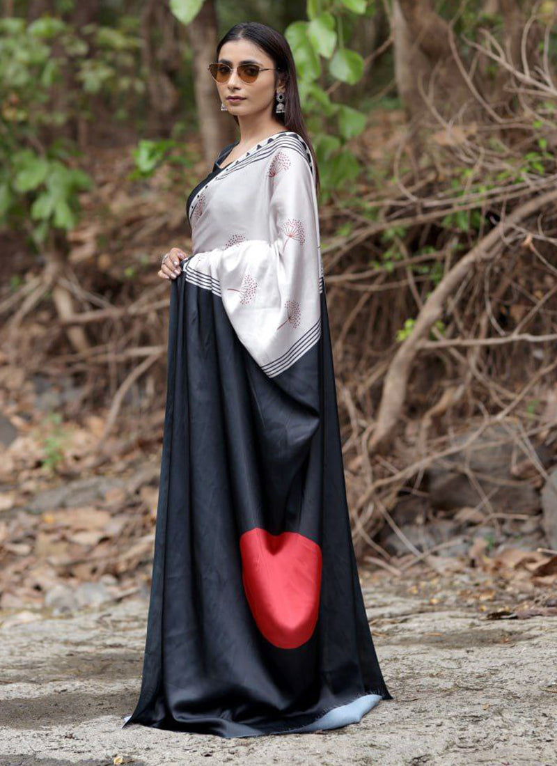 Silver Original Japan Devsena satin Saree Japan Satin Digital Print Blouse